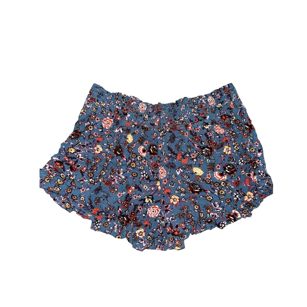 Sky and Sparrow Boho Blue Floral Ruffle Hem Shorts